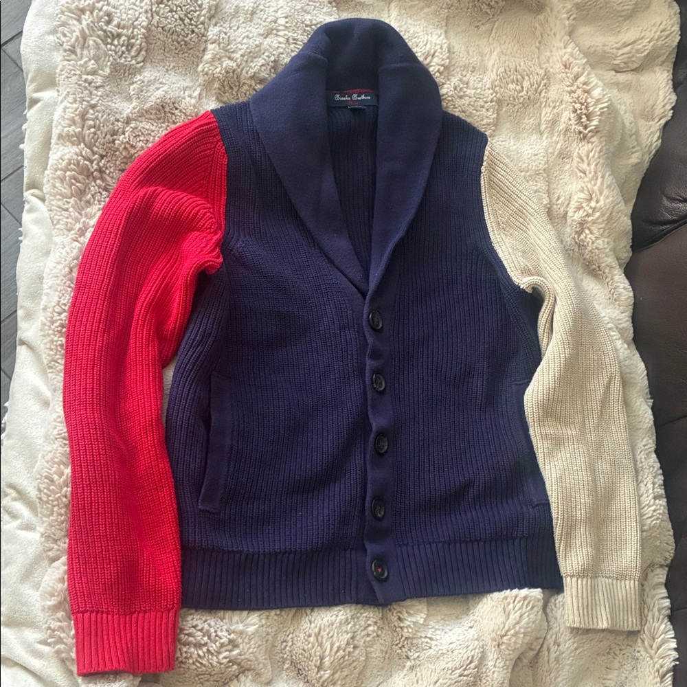 Brooks Brothers Red, Navy, and Cream Shawl Collar Cardigan